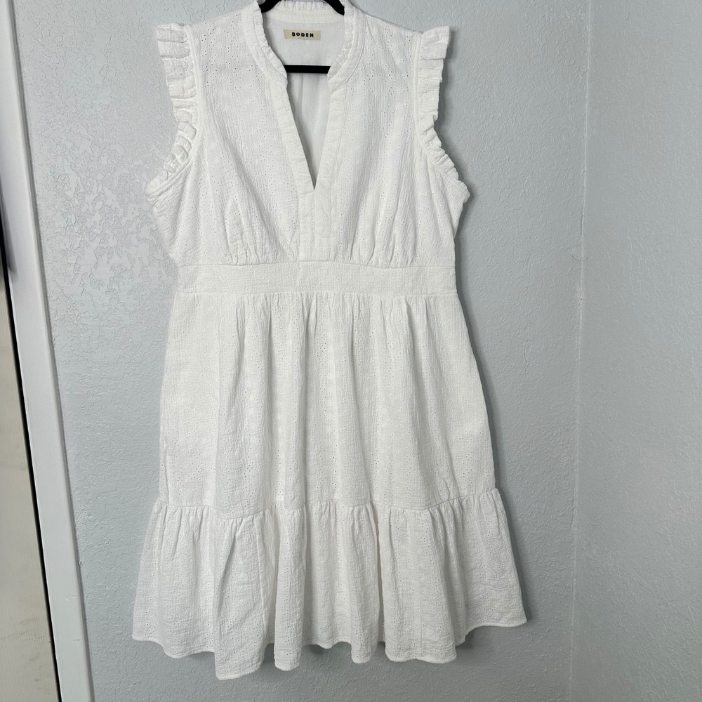 Boden Wren Double Cloth Short Dress White Sleeveless‎ Eyelet Ruffle Women's 16
